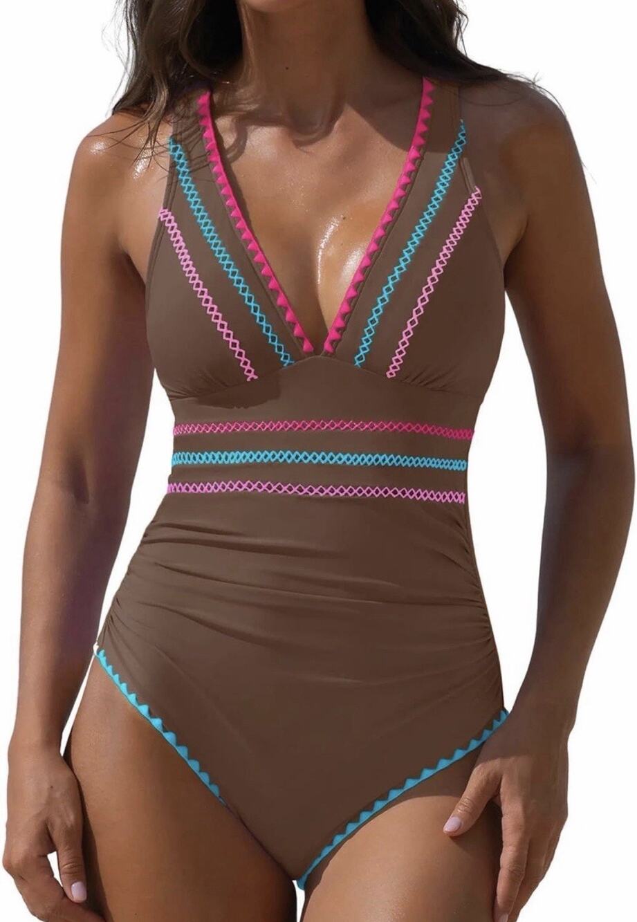 popvil One Piece Tummy Control Neon Swimsuit Brown Small